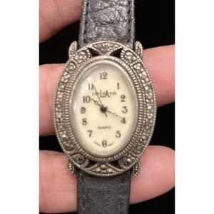 LA Express Womens Watch Marcasite Mother of Pearl Oval Silver VTG 1990s